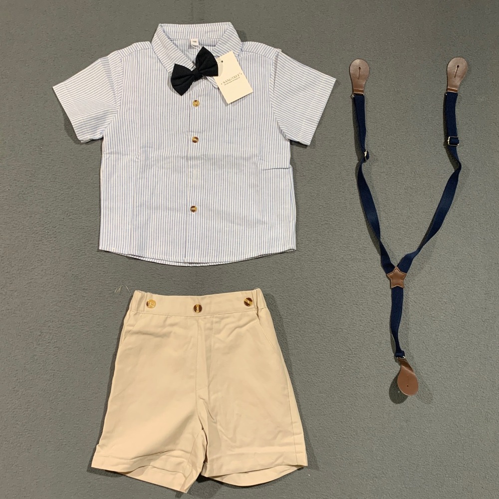 Sangtree Shorts Set Boys Size 4T/5T Blue Striped Shirt Suspenders Bow Tie Outfit